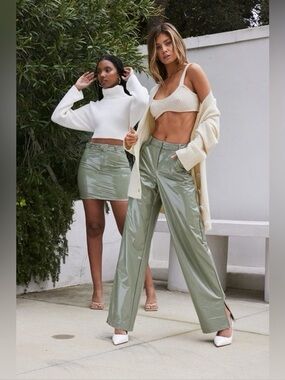 Camila Coelho Cyrus Pants Glossy Sage Wide-Leg Vinyl Pants